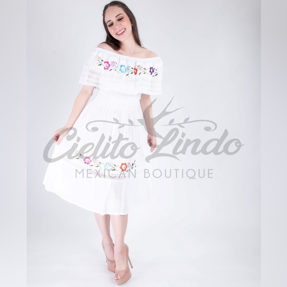 Mexican Campesina Midi White Dress